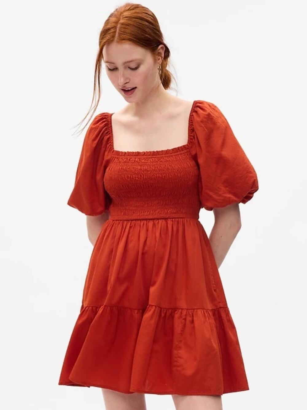 Gap Puff Sleeve Smocked Red 100% Cotton Mini Bubble Sleeve Dress New Small Tall